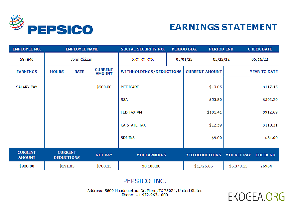 Talon de salaire d'une entreprise productrice de boissons aux États Unis, Pepsico Inc.